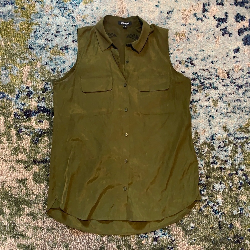 Express Women's Small Olive Green Button Down Sleeveless Shirt Black Embroidery